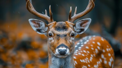 A deer with brown and white spots is standing in the woods