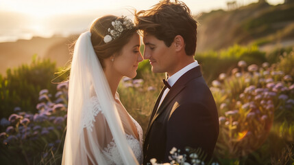 A stunning portrait of the bride and groom in a natural setting