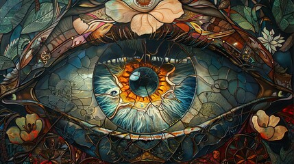 Obraz premium A close-up of a human eye portrayed in a colorful mosaic art style, depicting intricate patterns and vivid hues.