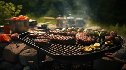 Outdoor barbecue, charcoal grill with roasted beef - 769059140
