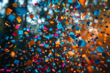 Brightly colored confetti captured in mid-air, creating a joyful atmosphere at a festive celebration event - Powered by Adobe