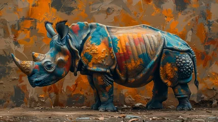  A rhino with a colorful coat stands in front of a wall © Classy designs