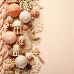 ai generated backgrounds for Happy Ramadan and Eid al-Fitr greeting cards, and Islamic holidays with beautiful crocheted mosque and moon ornaments