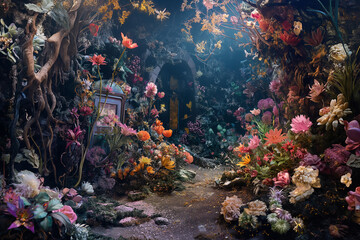 Enchanted Garden Collage: oversized flowers, enchanted keys, and fairy-tale creatures coexist in harmony, AI generated - obrazy, fototapety, plakaty