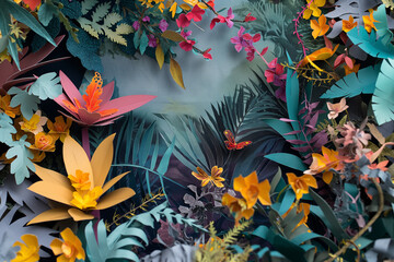 A paper art collage that brings nature to life with meticulous layering of various shades and textures, AI generated