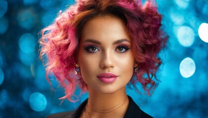 Obraz na płótnie Canvas Beautiful beauty or fashion portrait of a woman with makeup with pink curly hair on a beautiful blue background
