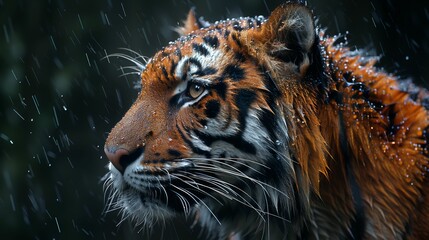 A tiger is standing in the rain with its face turned towards the camera