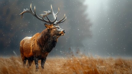 A deer stands in a field with snow on its antlers
