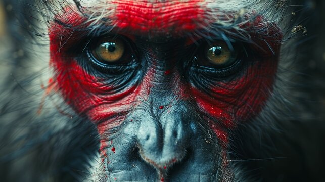 A monkey with red paint on its face and a red stripe on its forehead