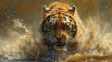 A tiger is in the water, splashing around and looking fierce