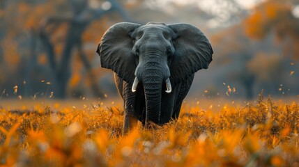 A large elephant is standing in a field of yellow grass - obrazy, fototapety, plakaty
