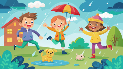 Obraz na płótnie Canvas vector cartoon illustration of rainy day with a bo 