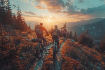 Cyclists with mountain bikes riding on a forest trail during sunset, highlighting the beauty of...