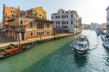 View of the grand canal from Ponte delle Guglie Historic Canal bridge, Venice, Veneto, Italy