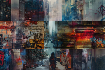 In this collage, urban exploration takes center stage with a collection of cityscape sketches,...