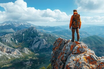 A hiker stands triumphantly on a mountain peak, looking out on the vast natural wilderness,...