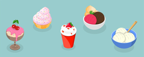 3D Isometric Flat Vector Set of Ice Creams, Collection of Cold Sweet Desserts