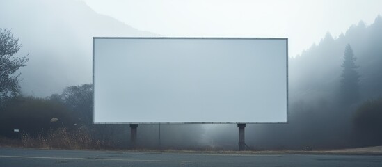 A foggy road with a prominent billboard surrounded by trees in the background