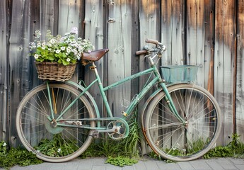 Fototapeta na wymiar A vintage bicycle decorated with fresh flowers leans against a rustic wooden wall and captures the essence of countryside charm and nostalgia.