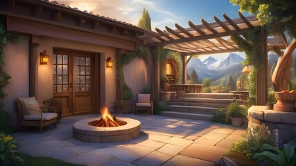 sketch illustration of a comfortable outdoor space with elements such as a fire pit, pergola, and garden bed in a romantic sky color. ai generated