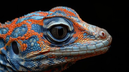 A close up of a lizard's face with a blue and orange pattern