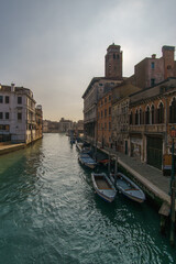 View of the grand canal from Ponte delle Guglie Historic Canal bridge, Venice, Veneto, Italy