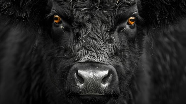 A black cow with yellow eyes stares at the camera