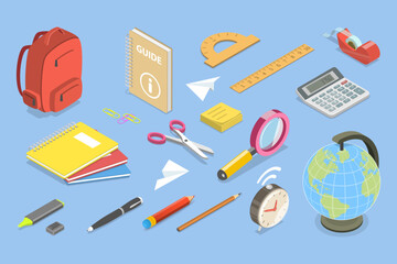3D Isometric Flat Vector Set of School Stationary, Items and Accessories for Education