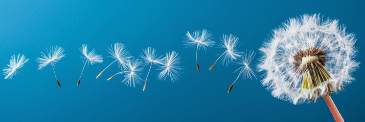 Dandelion seed being carried away by the wind, creating a whimsical scene with space for text.