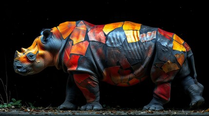 A rhino is depicted in a mosaic of different colors, with a black background