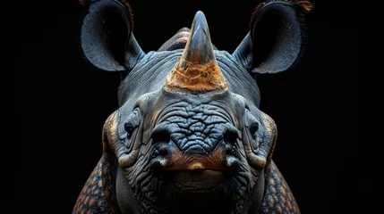 Plexiglas foto achterwand A rhino with a horn on its head is staring at the camera © Classy designs