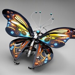 futuristic butterfly robot, in a cyberpunk-style. A cybernetic organism, with electronic components.