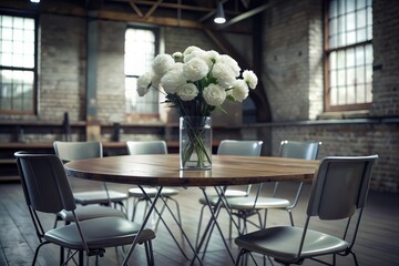 Interior of a cafe or living room with tables, chairs and bouquet of white flowers, interior design concept.