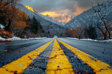 A vivid image of mountain peaks under a cloudy sky framed by contrasting yellow road lines in the foreground - Powered by Adobe