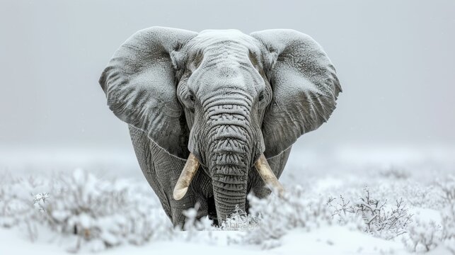 A large elephant is standing in the snow, looking at the camera