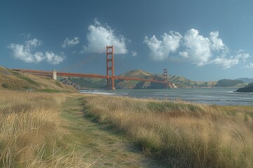 Majestic view of the Golden Gate Bridge spanning across the bay with golden grassland in the...