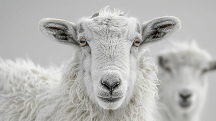 A white sheep with a black nose and a black eye stares at the camera