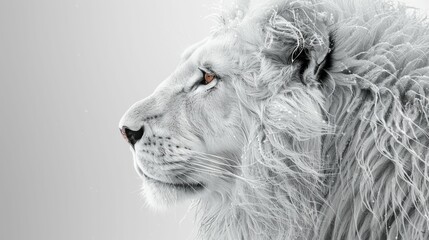 A white lion with a long mane and a white background
