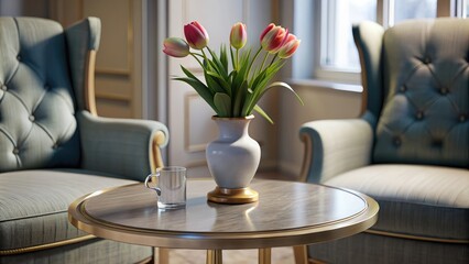 Vase with pink tulips on table in living room or hotel. Interior design