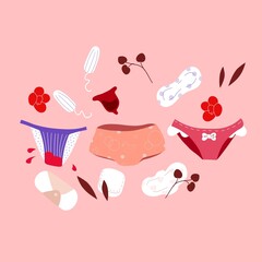 Women's health and menstrual period. Women's underwear and hygiene products.