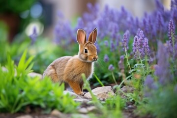 Pretty rabbit walking outdoors in the spring garden with flowers