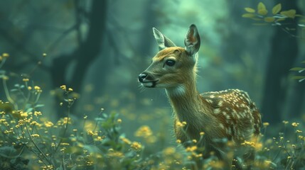 A deer is standing in a field of yellow flowers