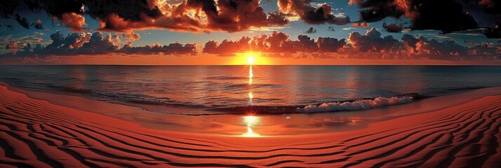 The sun sets over the ocean, casting a warm glow on the beach