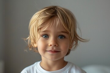 A young blonde child with blue eyes is smiling at the camera