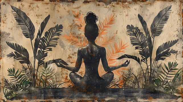 yoga and meditation woman in position, in the style of vintage poster design, light orange and dark brown, detailed foliage, flat form. Generative AI