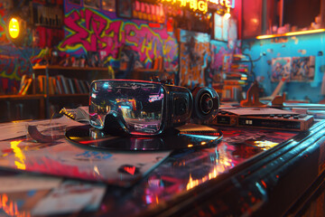 A burst of creativity emanates from this eclectic collage featuring retro vinyl records, neon graffiti spray cans, futuristic virtual reality goggles, AI generated