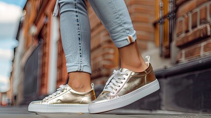 Step into luxury with our women's gold sneakers, combining glamour and comfort for a trendy street-style look. - obrazy, fototapety, plakaty