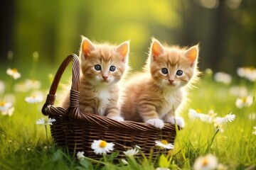 Two pretty kittens playing outdoors in the spring garden with flowers