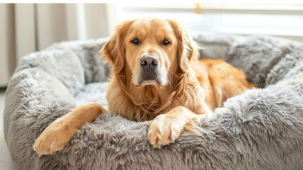 Resting dog in a comfortable pet bed - A golden retriever lies snugly in a round, plush dog bed with eyes gently gazing forward in a home environment