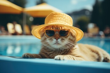 Pretty cat in sunglasses and hat resting near swimming pool